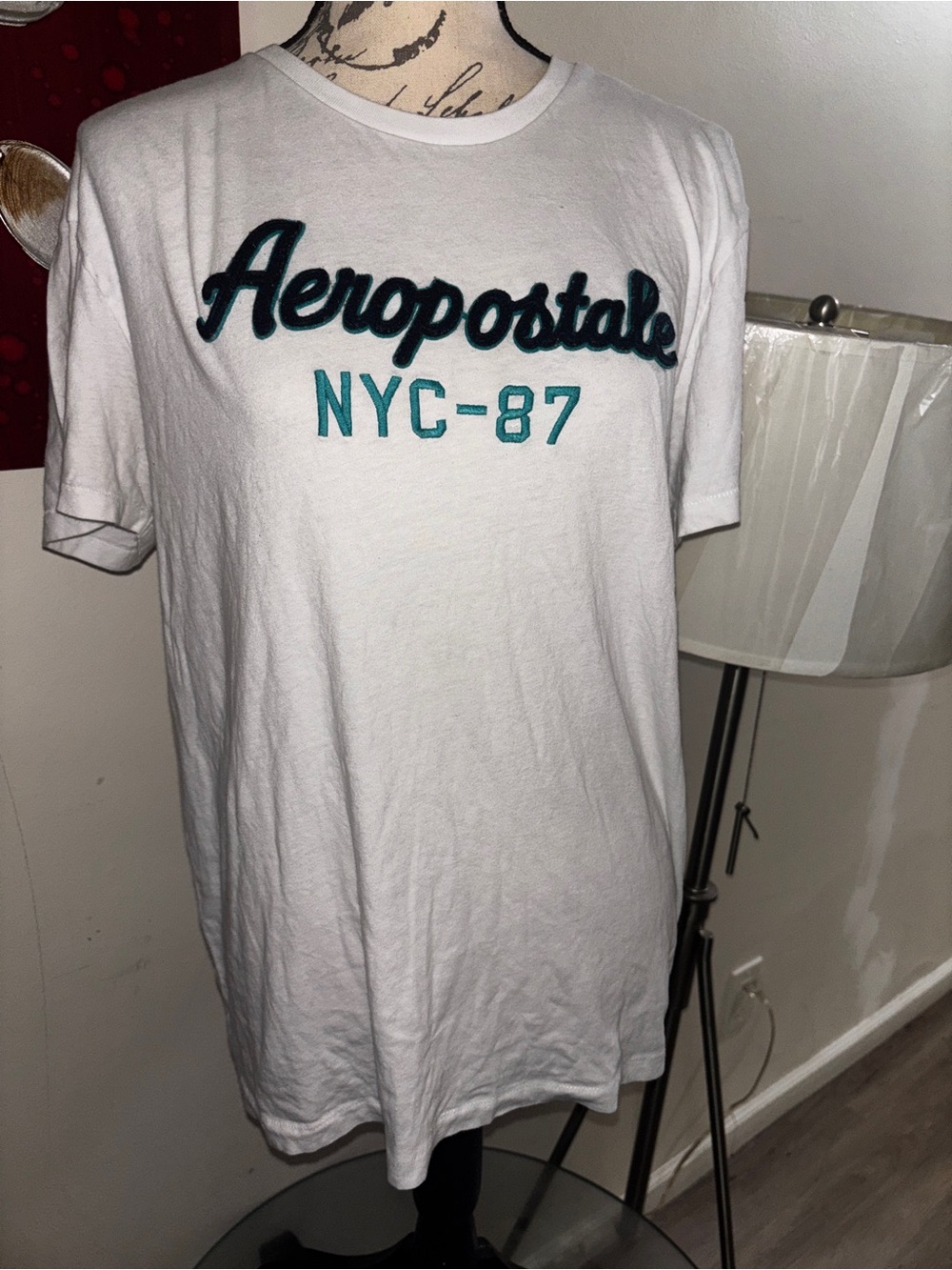 Aeropostale White Tee with Teal NYC-87 Logo